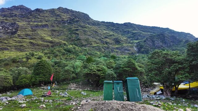 Portable toilets near Rudranath Temple in Gopeshwar Chamoli Uttarakhand during mountain trekking