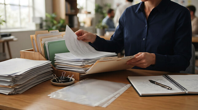 Woman organizing documents and financial paperwork at an office desk indoors