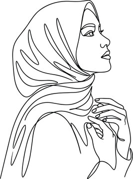 Continuous single line drawing of a beautiful Muslim woman wearing a hijab profile portrait vector illustration.