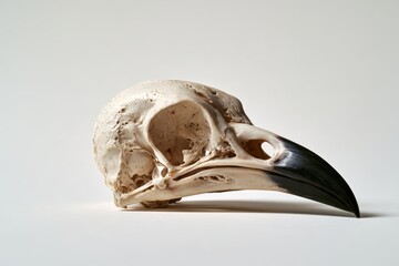 Obraz premium Bird skull resting on a white background, highlighting anatomy and natural history