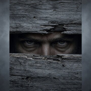 Intense Eyes Peeking Through Gaps in Old Grey Wooden Planks