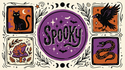 Fototapeta premium Spooky Halloween Illustration. Mystical Creatures. Witchy Graphic Design. Rustic Textured Banner.