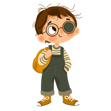 Cute cartoon schoolboy in glasses with orthoptic eye patch occluder, isolated PNG