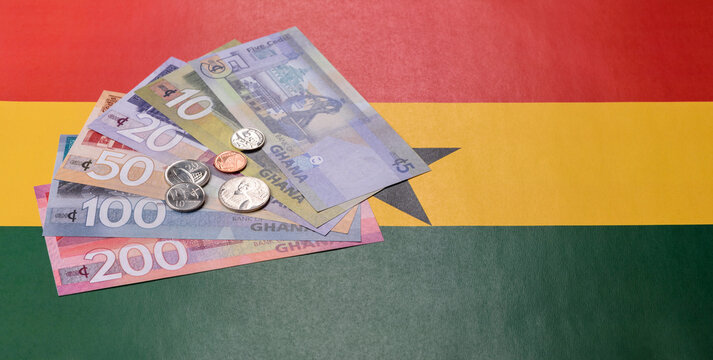 Ghana, Ghanaian paper money, cedi banknotes as currency for exchange or travel. Ghana money