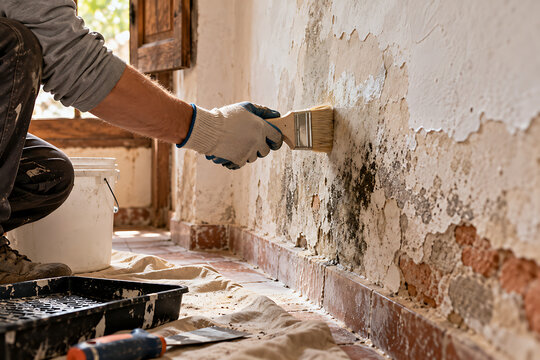 Worker treating damp wall during renovation of old house
