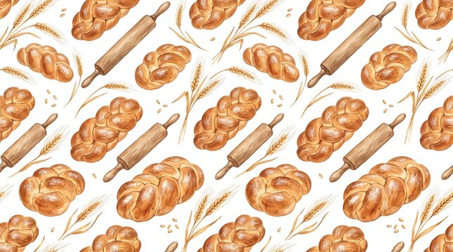 Watercolor braided bread seamless pattern, golden challah loaf and wooden rolling pin background, rustic bakery wheat and pastry illustration