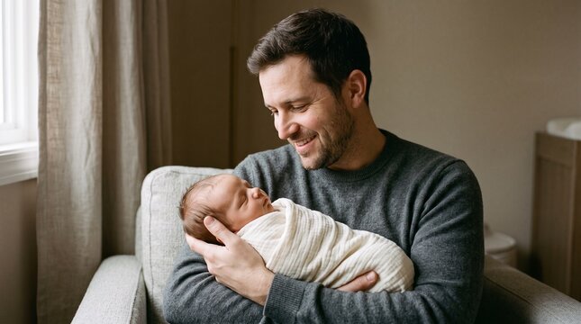 Smiling father lovingly holds his newborn baby wrapped in a swaddle blanket indoors