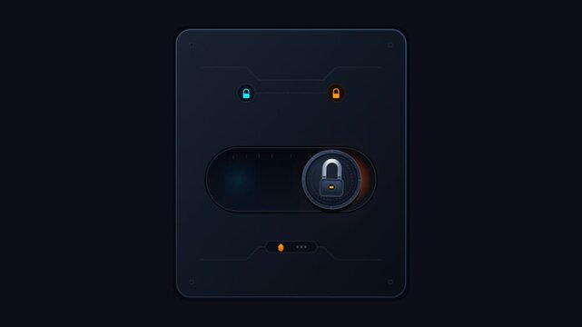 Dark mode UI toggle switch with security lock HUD element sliding across interface
