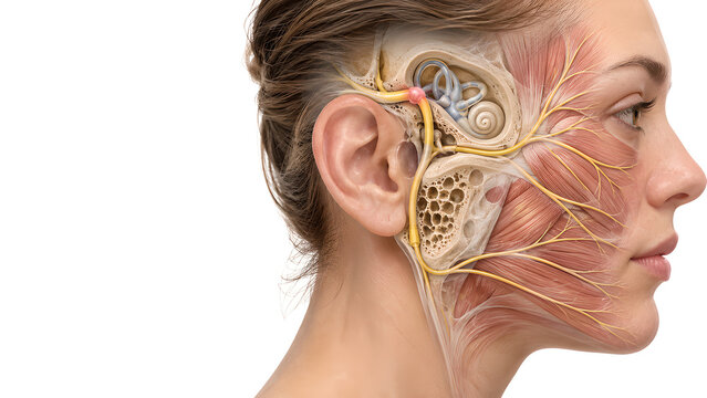 Bell palsy facial nerve anatomy with focal inflammation concept in the temporal bone, photorealistic 3D medical illustration showing intact branches and inner ear for neurology and patient education
