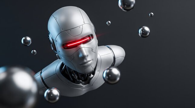 Futuristic humanoid robot head with glowing red visor and metallic spheres.
