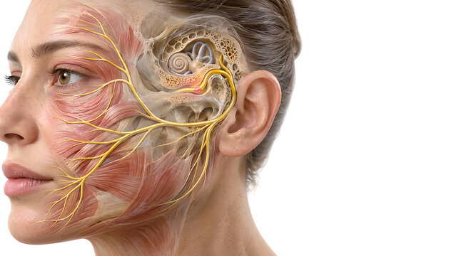 Bell palsy facial nerve anatomy with focal inflammation concept in the temporal bone, photorealistic 3D medical illustration showing intact branches and inner ear for neurology and patient education