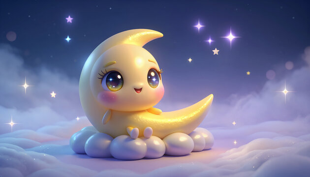 A cute 3D cartoon crescent moon character sitting on soft fluffy clouds under a magical night sky filled with sparkling stars. The moon has large expressive eyes, rosy cheeks, and a cheerful smile, cr