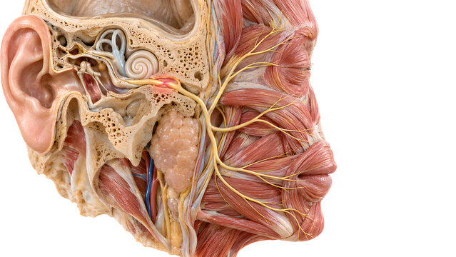 Bell palsy facial nerve anatomy with focal inflammation concept in the temporal bone, photorealistic 3D medical illustration showing intact branches and inner ear for neurology and patient education