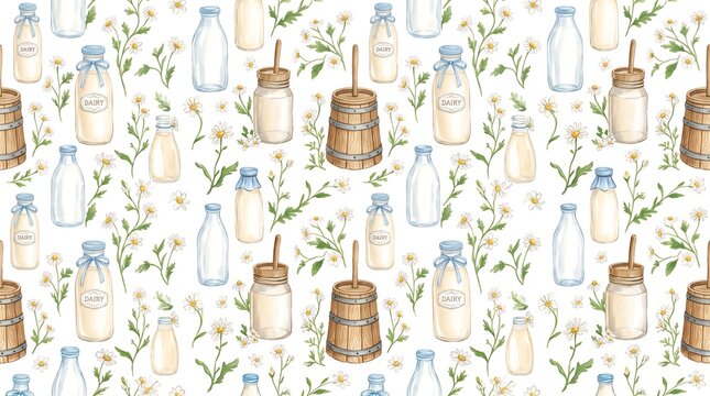 Vintage watercolor milk pattern, rustic dairy farm seamless background with glass bottles and wooden butter churn, cottagecore floral wallpaper