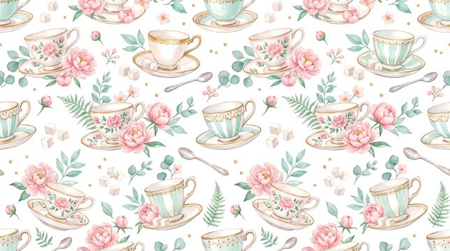 Vintage watercolor teacup seamless pattern, elegant floral tea party background, pastel pink roses and porcelain cups wallpaper for textile design