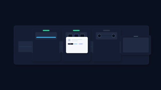 AI task conveyor automating a multi-stage digital workflow system in 2.5D.