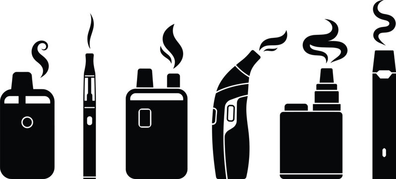 Electronic Cigarette and Vape Device Silhouette Collection Featuring Modern Vaporizer Pens Mods and E Cigarette Equipment Vector Icon Set