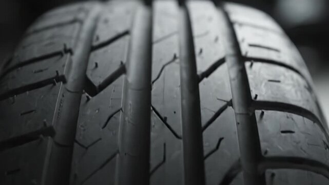 Close-Up Examination of a High-Performance Tire Tread: Showcasing Deep Grooves, Patterns, and Quality Construction for Enhanced Road Grip and Safety