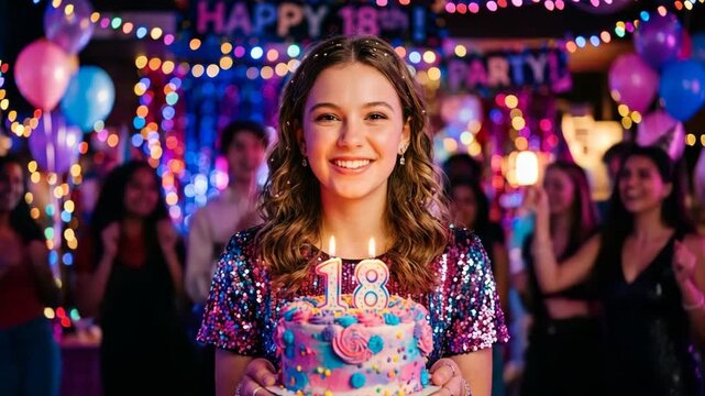 Sweet Sixteen Celebration: A radiant young woman beams with joy as she holds a vibrantly decorated birthday cake with 18 candles.