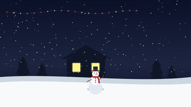 Charming winter animation featuring a cute snowman waving in front of a cozy cabin at night with falling snow and colorful lights