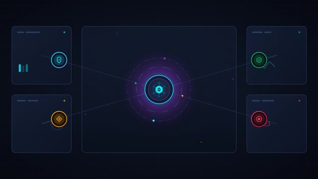 Dark mode digital user interface HUD with morphing circular vector elements connecting data panels for technology applications