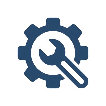 Blue gear icon with wrench inside representing maintenance and mechanical engineering