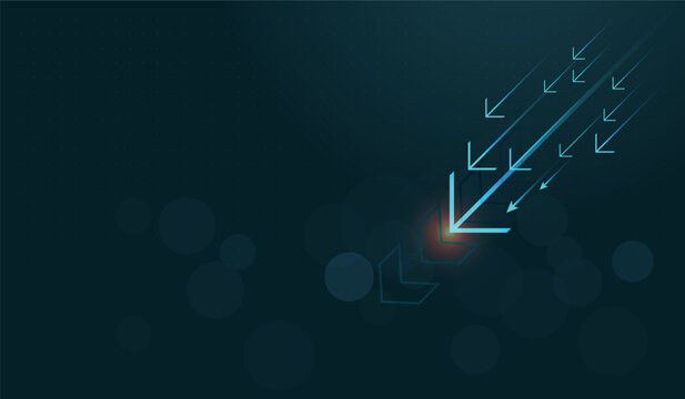 Digital down arrows represent decreasing trends, changing market conditions, and challenges affecting business growth concept