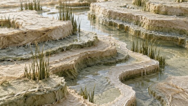 Reed pulp terraces forming pale wetland relief