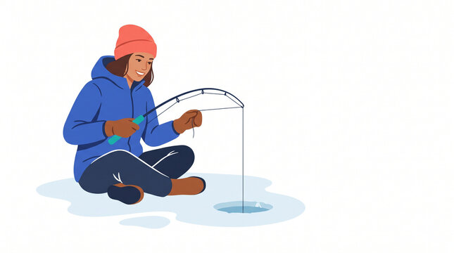 Young woman ice fishing with a fishing rod in a snowy landscape  