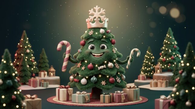 Festive Christmas tree character with candy canes and crown during winter holiday celebration