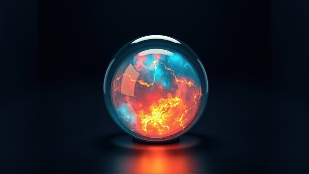 Glowing sphere contains swirling fire, ice. Dramatic lighting creates intense contrast, reflection. Dark background emphasizes orbs energy.