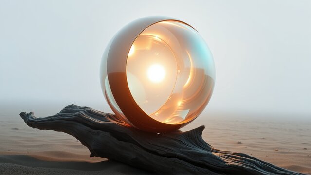 Metallic sphere rests upon weathered wood. Soft light emanates from within, creating warm glow against muted desert backdrop. Minimalist composition.