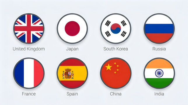Round Country Flag Icon Set &ndash; United Kingdom, Japan, South Korea, Russia, France, Spain, China, India Circle Flags Collection