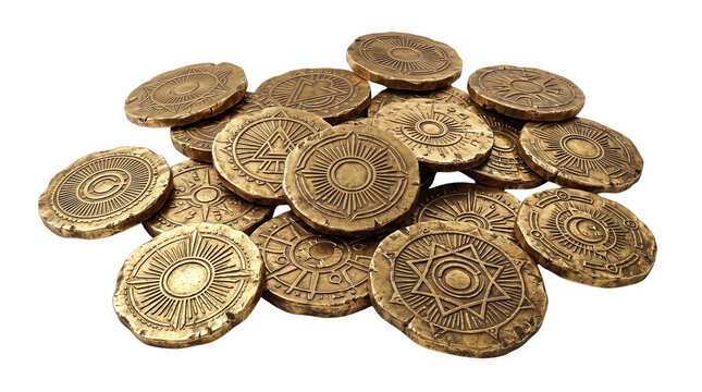 Ancient gold coins pile, vintage fantasy treasure coin collection, antique bronze gaming currency prop isolated PNG with Transparent Background