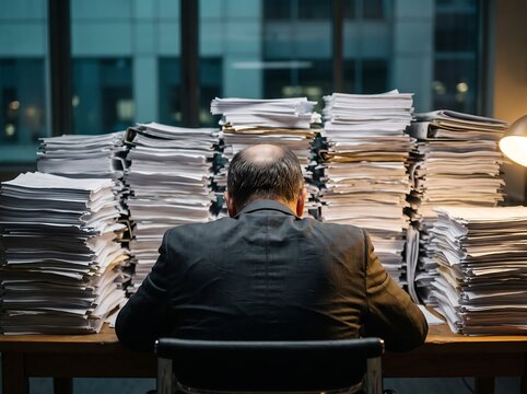 Exhausted professional man slumped over his desk sitting behind a massive mountain of paperwork in a dimly lit office with business man corporate burnout heavy workload