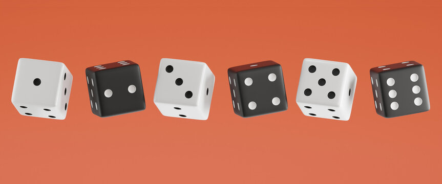 Six consecutive floating dice in a row on Tomato background. 3 White dices and 3 Black dices. 3D floating dices