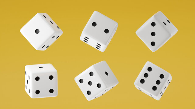 Six consecutive floating dices on Amber background, 6 White dices with Black dot, dices template