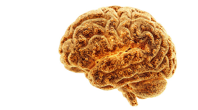 Human brain model with glowing light, golden neural node structure, artificial intelligence visualization isolated PNG with Transparent Background