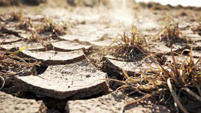 Dry and Cracked Earth: A Close-Up View of Drought and Desertification Impacting Soil Health and Plant Life in a Parched Landscape