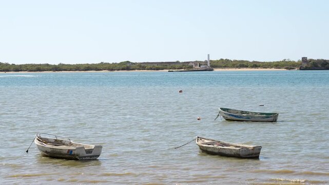 Horizontal Video of  Traditional Boat on the Peaceful Beach of El Rompido Huelva. 4k. 50fps
