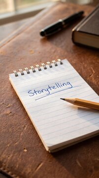 Storytelling Concept with Handwritten Text on Spiral Notepad and Pencil on Vintage Leather Desk for Creative Writing, Content Creation, Brand Marketing and Author Workspace Scene