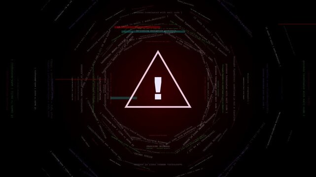 High tech cybersecurity warning alert featuring a solid red triangle surrounded by circular orbiting source code data rings and intense digital glitch artifacts for system failure overlays.