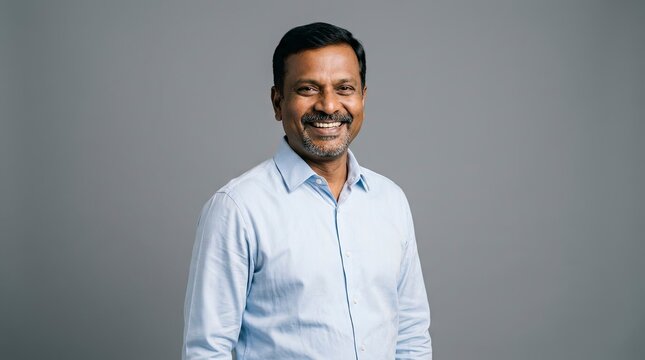 Portrait of a confident and cheerful middle-aged Indian man in a blue shirt smiling against a grey studio background