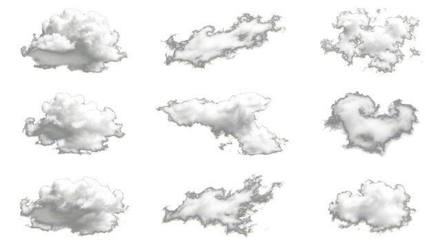 Collection of various fluffy white clouds isolated on transparent background