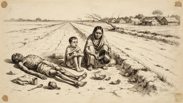 Historical pencil sketch illustration of poverty and famine with pencil drawing