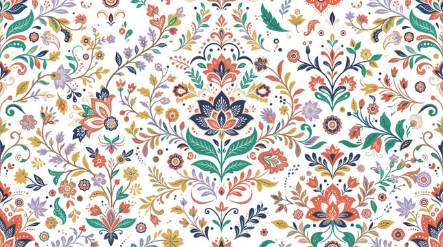 Elegant Indian Kalamkari Seamless Pattern with Ornate Floral Motifs Paisley Vignettes and Colorful Damascus Art Elements for Traditional Textile and Luxury Wallpaper Designs