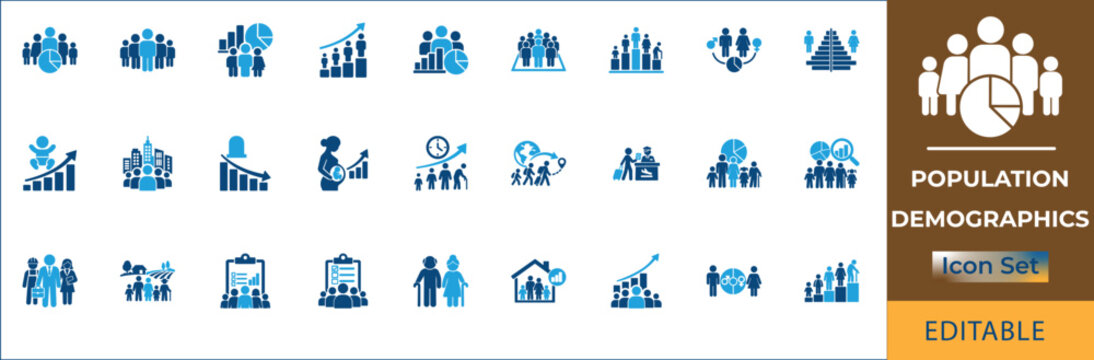 Population demographics icon set vector illustration of social statistics and census data analysis