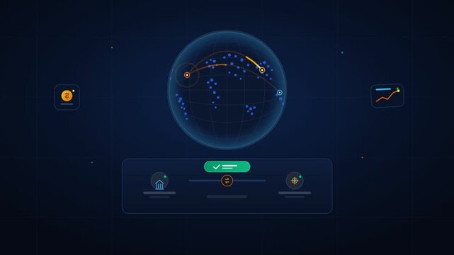 Digital globe HUD with animated global data transfer vector graphics in dark mode