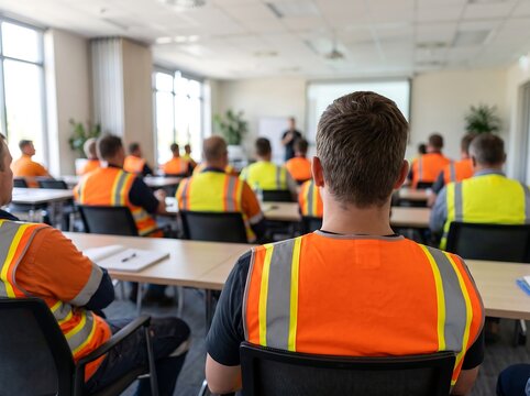 Workers in High Visibility Vests at Safety Training in Modern Classroom: Industrial Employees Listening to Instructor for Workplace Safety and Construction Induction