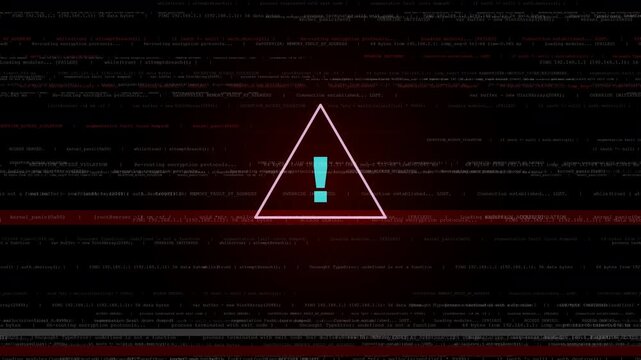 High tech cybersecurity warning alert triangle featuring counter-rotating geometric boundaries, horizontal scrolling source code data streams, and severe digital glitch artifacts. Perfect for cyber at